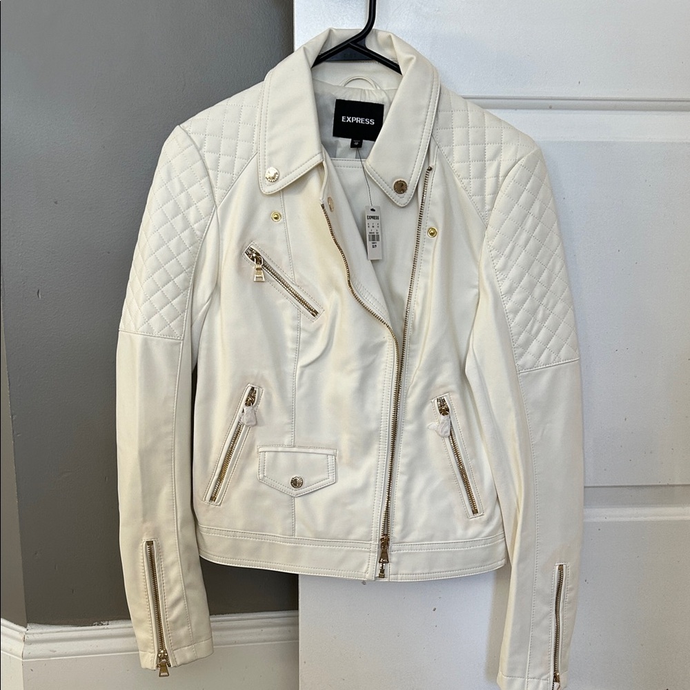 Express Women's Cream Quilted Vegan Leather Jacket